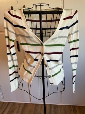 Aeropostale Cream Striped Button-Up Cardigan with Green, Navy & Burgundy